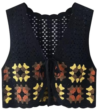PUTHLLA Débardeur en Crochet Floral pour Femme, Décontracté, Ouvert sur Le Devant, Cardigan Court À Nouer, Bordure en Dentelle Bohème, Col en V Ajouré, Gilet sans Manches, Châle, Cache-Maillot D'Ét