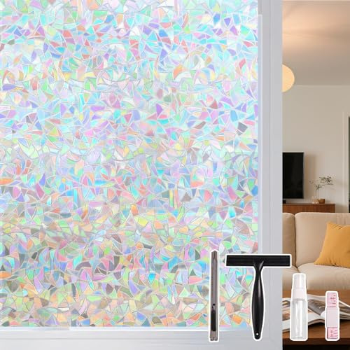Conkov Film Intimité pour Fenêtre Anti Regard, Transparent, 44,5 x 200 cm | Effet Arc-en-Ciel Bloque Vue, Adhérence Statique Sans Adhésif, Décoratif pour Salon Cuisine Bureau, avec Outils