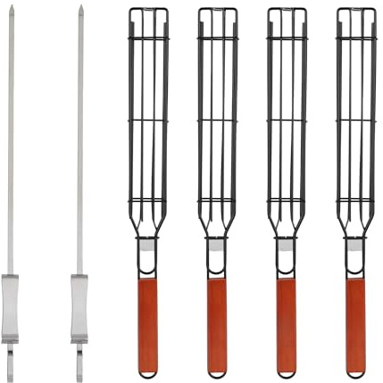IRSTBL – Kebabgrillkorg set 4-pack – Nonstick BBQ korgar med trähandtag och 2 stålspett – Återanvändbara grillverktyg för kött grönsaker och fisk – 43 cm