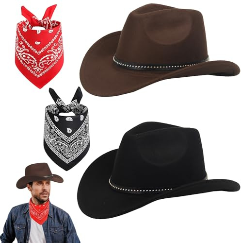PGonline Lot de 4 chapeaux de cowboy en feutre avec bandanas rouges et noirs, accessoires de costume Texas Texan pour homme, femme, adulte, fête costumée