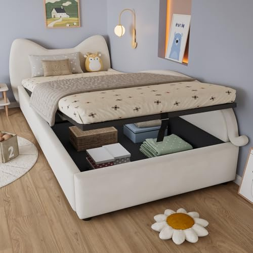 PUGSDRLY Lit Enfant 90x200 Rembourré,Lit Coffre avec Tête de lit en Forme de Chat,Rangement Hydraulique,Sommier à Lattes Robuste,pour Enfants Adolescents (P. D.)