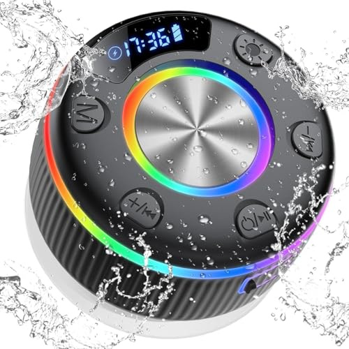 Altavoz Ducha Bluetooth 5.3 con Luces RGB, IPX7 Altavoz Ducha 20W con Ventosa Estable Impermeable Portátil, Manos Call Libres, 8H Estéreo, IP7 Impermeable Mini Altavoces Bluetooth para Baño Exterior