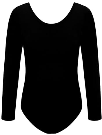 FAIRY BOUTIQUE® Girls Nylon Stretch Leotards Kids School PE Ballet Dance Gymnastics Long Sleeves Bodysuit Top (Black, 9-10 Years)
