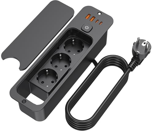 HITRENDS Sänkbart uttag med lock, 3 fack inbyggt uttag med 2 USB, bordsskiva försänkt uttag med 2 USB C, inbyggt grenuttag med 1,8 m kabel för bänkskiva möbler, svart