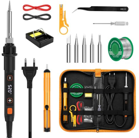 Kit de Fer à Souder 80W avec LED 180-520°C Chauffage Rapide en 10s,15-en-1 pour Réparation Électronique, DIY, Circuits Imprimés Fil de Soudure, 5 Embouts Interchangeables, Pompe à Dessouder