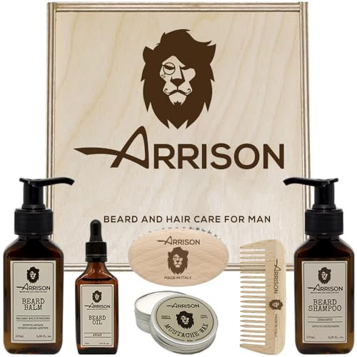 ☆ ARRISON® BEARD ☆ Bart Kit Made in Italy + Birkenholzkiste mit Shampoo, Conditioner, Wachs, Bartöl - Kamm und Pinsel aus Buchenholz und Wildschweinborsten