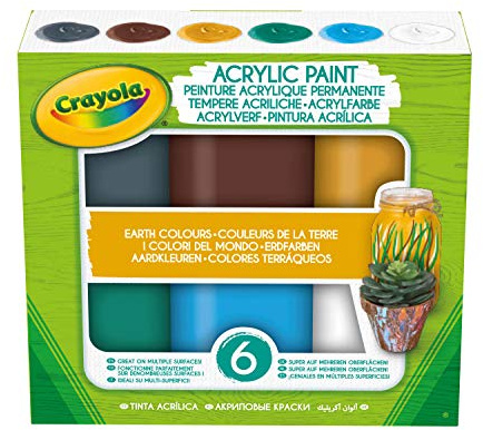 CRAYOLA 6 Acrylic Tempera Paints, Sunset Colours in Resealable Jars Ready to Use for School and Leisure Earth Colours /