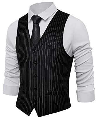 BABEYOND Men's Suit Vest Slim Fit Waistcoat Business Dress Vests for Suit Tuxedo (Black Stripe, M)