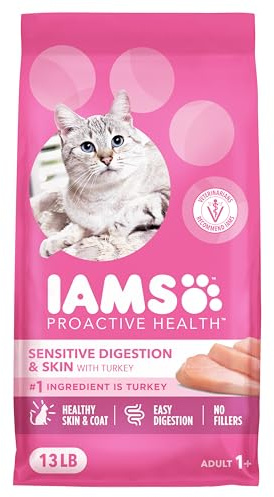 IAMS Proactive Health Sensitive Digestion & Skin Dry Cat Food, Adult Cat Food Dry Recipe with Real Turkey, 13 lb. Bag