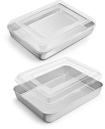 E-far Small Baking Pan with Lid, 9.4”x 7” x 2” Stainless Steel Rectangle Sheet Cake Pans for Toaster Oven, Metal Covered Bakeware for Cakes Brownies Casseroles, Non-toxic & Dishwasher Safe - Set of 2