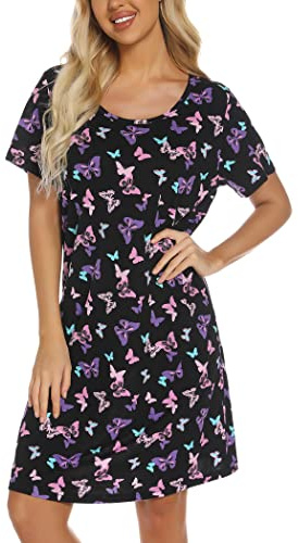 ENJOYNIGHT Camiseta de dormir de algodón para mujer, manga corta, estampado Sleepshirt