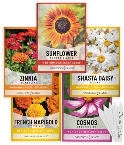 Gardeners Basics, Flower Garden Seeds for Planting Outdoors Flower Seeds (5 Variety Pack) Daisy, Marigold, Cosmos, Sunflower, Zinnia Varieties for Bees, Pollinators Wildflower Seed