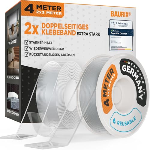 BAURIX® Nano Tape Doppelseitig [2x2m] – Starkes Klebeband für Wand, Teppich & Deko – transparent, waschbar, wiederverwendbar – ideal für DIY und professionelle Anwendungen