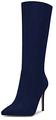 Saekcted Femmes Aiguille Haut High Talon Heel Fermé Pointu Bout Mi Mollet Fermeture à Glissière Bureau Clear Classique Bottes 10 CM Heels Bleu Marin 38 EU