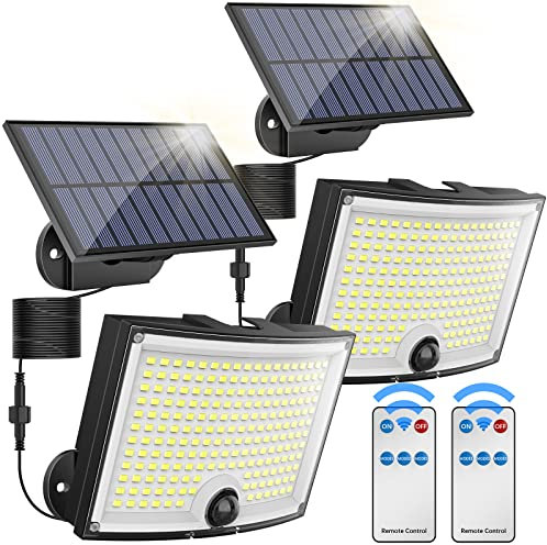 KagoLing Lampes solaires d'extérieur 202 LED avec détecteur de mouvement, étanchéité IP65, angle d'éclairage 120 °, Lot de 2 applique murale solaire pour jardin avec câble de 5 m
