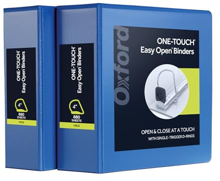 Oxford 3 Ring Binders, Durable Binders for School and Office, 4 Inch, ONE-Touch Easy Open D Rings, View Binder Covers, 4 Interior Pockets, PVC-Free, Holds 880 Sheets, Blue, 2 Pack (79922)