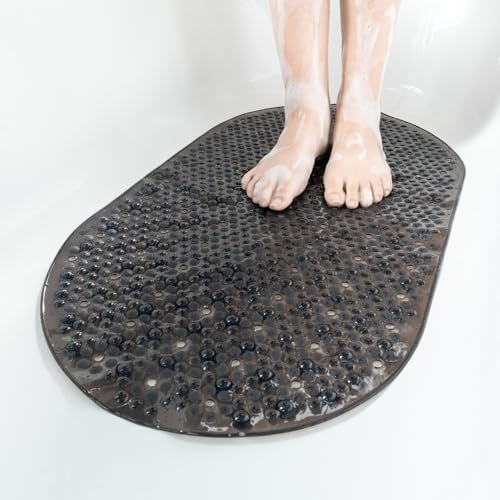 HITSLAM Tapis de Baignoire Antidérapant Ovale, 68x38CM Tapis de Bain à Bulles, Tapis de Douche en Lavable en Machine & Résistant à la Moisissure, Tapis Antidérapant Baignoire sans BPA, Noir