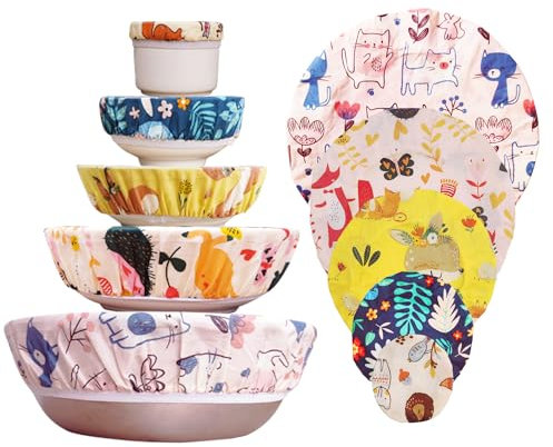 5 PCS Couvercle de Bol en Cire D'abeille Réutilisable, Couvercles Alimentaires en Tissu avec Élastique, Revêtement Naturel de Cire d'abeille, Couvercle de Bol à Pain, Pour Bols, Pots