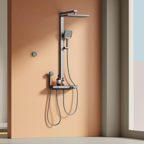 EMKE Columna de Ducha Termostática, Antracita Mate, 4 en 1: Cabezal de Ducha, Ducha para Niños, Grifo en Cascada. Filtración, Preajuste, Pantalla Digital. Diseño Moderno para el Baño