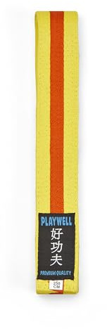 Playwell kampsport bomullsfärgat bälte med olika färgade ränder graderingsbälte – (karate, Judo Taekwondo), Gult bälte med orange rand, 220cm