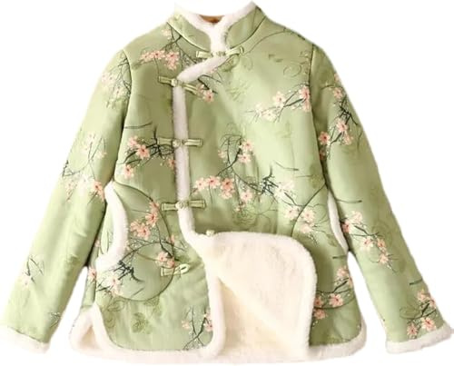Goolecrimp Donna Inverno Cinese Ispessito Giacca di Cotone Giacca in Pile Casual Bottone Giù Cappotto Cheongsam Stand-up Collare Ricamato Etnico Cappotto a Vento (Verde,XXL)