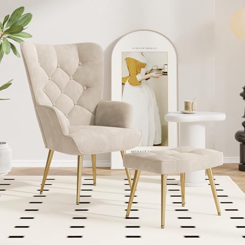 Hawthyhome Eleganter Sessel polsterstuhl Ohnzimmer Sessel Schminktisch Stuhl mit Hocker mit Metall Beinen fürs Wohnzimmer/Schlafzimmer Bis 150 KG belastbar Beige
