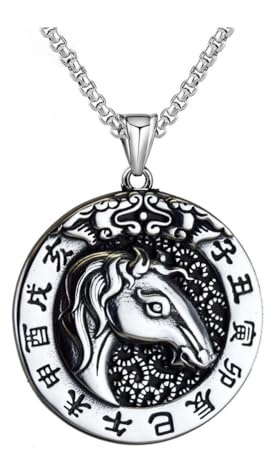 OAKKY Unisex Stainless Steel Personality Vintage 12 Chinese Zodiac Lucky Round Pendant Dog Tag Horoscope Animal Chain Sign Prays Amulet Necklace Horse