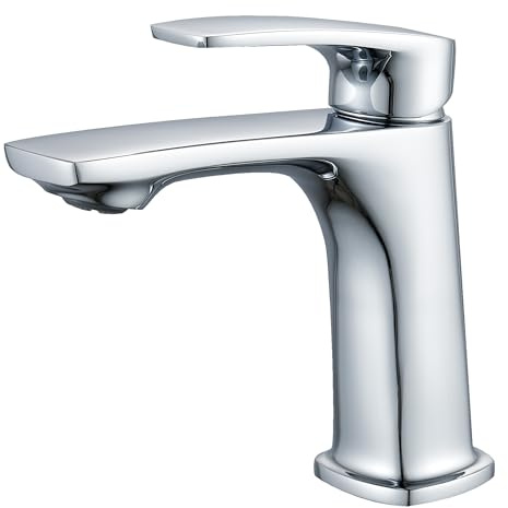 BELZ Bathroom Tap, Single Lever Basin Mixer Tap, Curved Design with Hot & Cold Water Hoses, Solid Brass Basin Faucet for Bathroom, Washroom (Chrome)