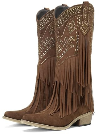 UTIKLIOU Cowboy Boots for Women Knee High Cowgirl Western Fringe Boots Rhinestone Chunky Heel Pointed Toe Brown 8.5