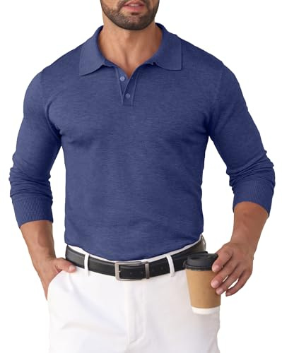 Hisir Polo da uomo, a maglia, a maniche lunghe, con colletto polo, basic, tinta unita, per lavoro, autunno, inverno (blu denim, L)