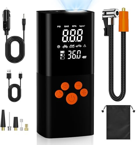 Bomba de aire eléctrica de 160 psi, compresor de batería de 10.000 mAh, bomba de bicicleta portátil con manómetro, pantalla grande y luz LED, batería con luz LED USB, color negro oscuro