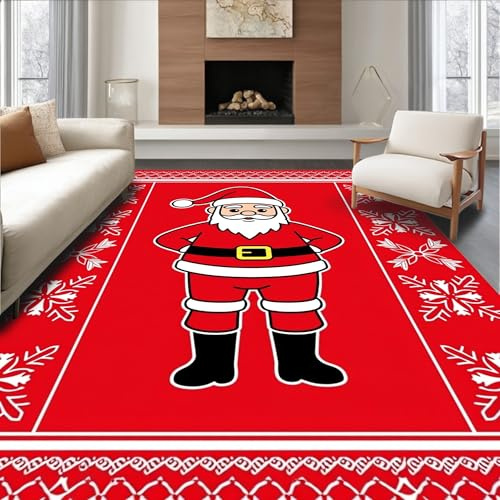 ODIKA Flatwoven High Traffic Area Rug 8x10, Festive Santa Motif Punch Needle with Whimsical Holiday Accents, Non Slip, Stain Resistant, Washable Area Rugs for Living Room, Bedroom (Red, 8x10, Pad)