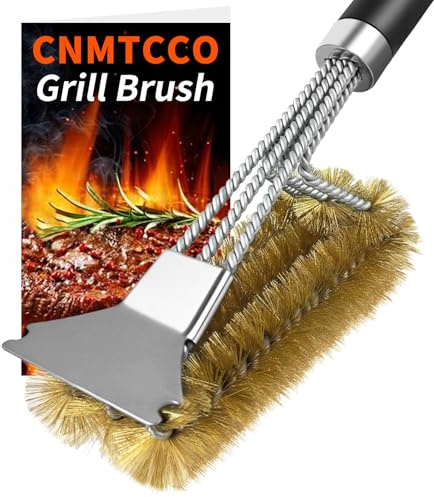 CNMTCCO Grillborste mässing, 3-i-1 grill mässingsborste med mässingsborst, skrapa och extra långt handtag, för gasgrill, kolgrill och elektrisk grill, effektiv grillrengöring utan repor