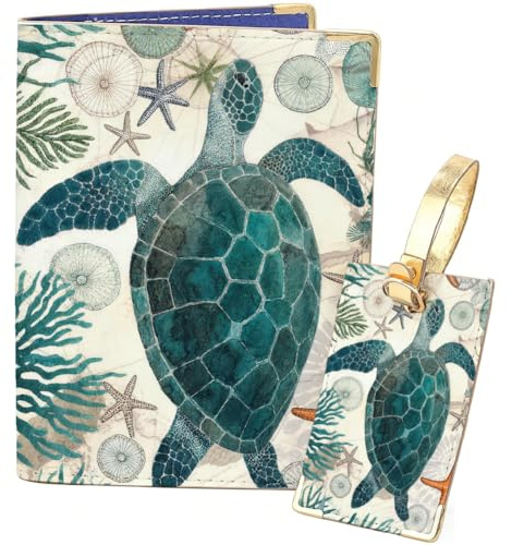 PRESSINART Porte Passeport et Étiquette Bagages pour Tortue de Mer Indispensables pour Vos Voyages Housse de Passeport en Cuir sur Le Thème de L'Océan Durable pour Les Voyages Protège Cartes
