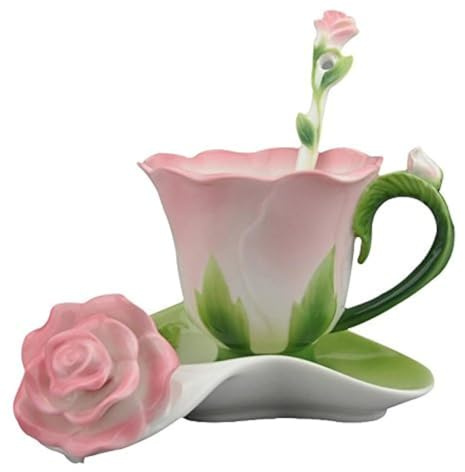 YBK Tech Creative 3D Rose Bone China Ceramic Coffee Mugs Afternoon Tea Cup and Saucer Set (Pink)