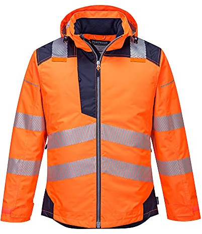 Portwest T400 Men's PW3 Lightweight Hi Vis Hooded Work Jacket Reflective Full Zip Safety Utility Quilt Lined Waterproof Workwear Orange/Navy, XX-Large