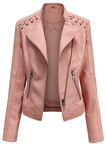 YYNUDA Skinnjacka dam kort bikerjacka reverskrage motorcykeljacka skinnjacka övergångsjacka för höstvinter, ROSA, 3XL