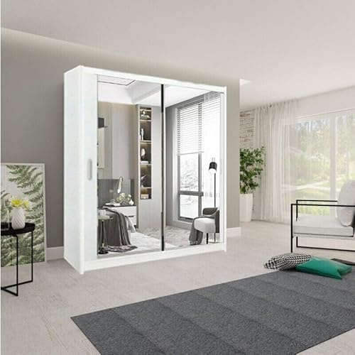 A.C. Milan German Modern Double Mirror sliding door wardrobe with LED Light Width 100cm/120cm/150cm/180cm/203cm/250cm (White, 203 CM)