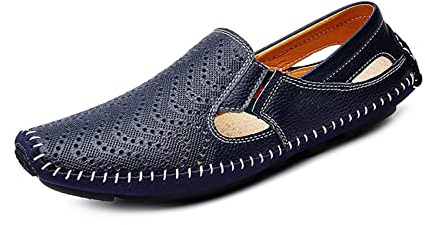 Mens Läder Kör Loafer Lättviktig Slip-On Perforerad Andas Vandring Båt Skor Platt Tofflor Utomhus Mockasin Blå 46/47 EU