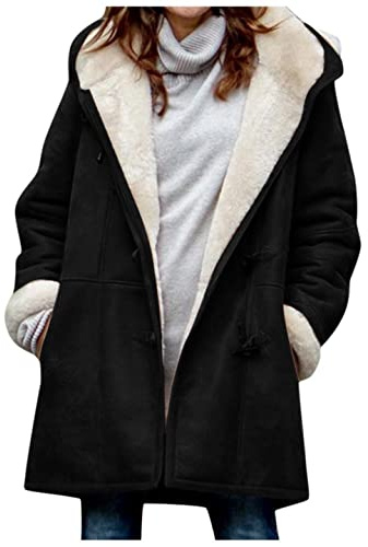 AI'MOURI Windproof Sherpa Lined Outerwear for Women Winter, Fashion Fleece Hooded Overcoat with Pockets, Warm and Thicken Parka Jacket S-2XL Outdoor (Black, M)