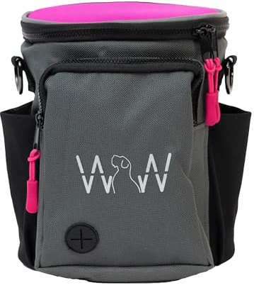 WOLF IN WINTER Multipurpose Pro Dog Treat Bag with Neoprene Split Top Dog Training Treat Pouch Bag with Shoulder Strap, Belt and Clip and Exterior Storage Pocket (Raspberry)
