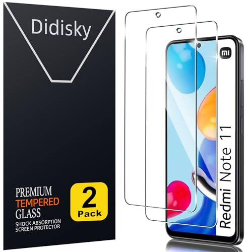 Didisky Lot de 2 films de protection d'écran en verre trempé pour Xiaomi Redmi Note 11, anti-traces de doigts, sans bulles, facile à nettoyer, dureté 9H, facile à installer, transparent
