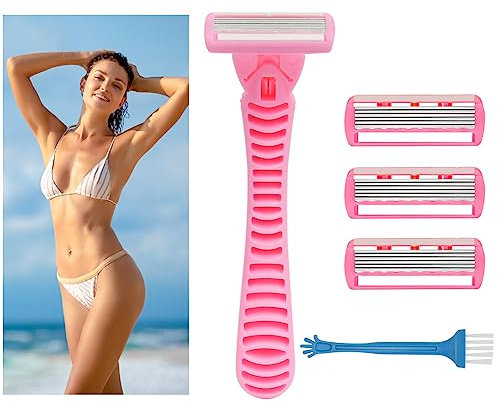 LOPHE Rasoio Donna Con 1 Manico e 4 Lame Ricariche - Liscio e Non Irritante, Pulizia Veloce, Per Corpo, Viso, Parti Intime (6 Layer Blade)