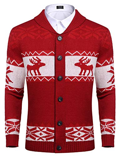 COOFANDY Men's Cardigan Christmas Sweater Knitted Sweater Reindeer Norwegian Ugly Sweater with Shawl Collar A-Red M