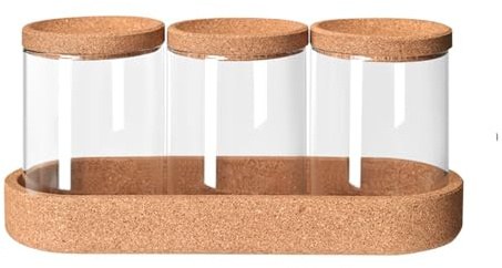 soulnioi Clear Glass Storage Canister with Cork Lid Set in 4/Glass Containers With Wood Bottom Stand Flower Tea Sealer Candy Jar For Coffee Bean Organizer(3PCS)