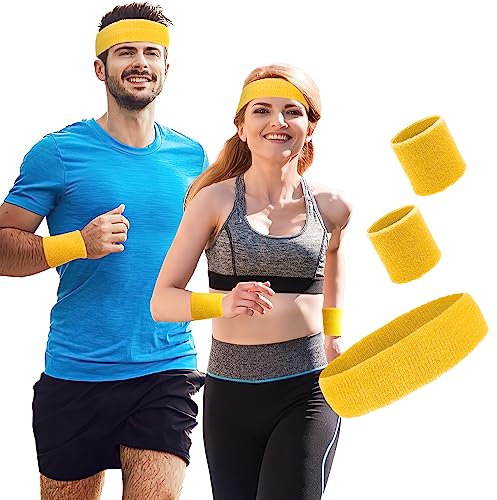 Schweißband Handgelenk,Schweißband Stirn,Schweißband Handgelenk Set,Gelb (3er Pack) Sporthandtuch-Set Sport-Stirnband-Armband-Set (1 Stirnband und 2 Armbänder) Sportliches Herren- und Damenhandtuch