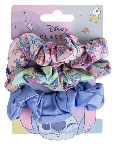 Disney Stitch - Elastici per capelli per ragazze e donne, antiscivolo e morbidi, set di 3 elastici (2 stampati, 1 tinta unita)