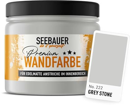 SEEBAUER diy Wandfarbe Grau 300ML für Innen (No. 222 Grey Stone) Edelmatte hellgraue Innenfarbe - Grautöne sehr hohe Deckkraft - Matt, Abwaschbar und Tropffrei