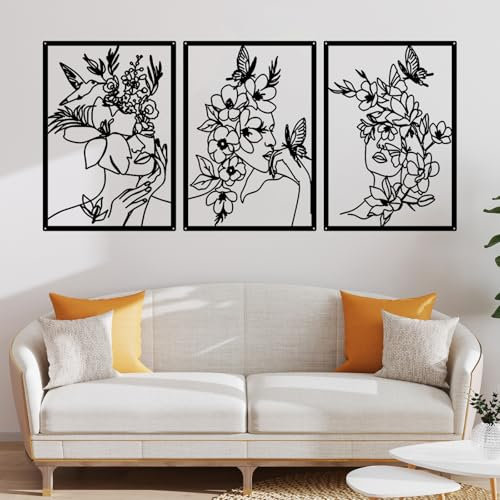 SenaiMy 3 Stück Wanddeko Schwarz Metall Minimalistische Frauenblumen Wanddekoration Wandkunst Ästhetisch Wand Hängen Metallbilder Wand Deko Schlafzimmer Wohnzimmer