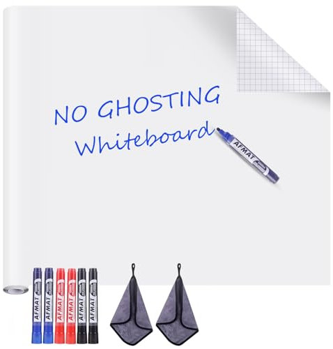 AFMAT Rotolo di pellicola per lavagna bianca, 180 x 122 cm, grande superficie, lavabile, autoadesiva, per ufficio, casa e scuola, nessuna immagine fantasma dopo 60 giorni, 6 pennarelli molto migliori